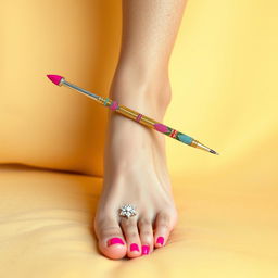 A creative concept where a large, colorful, oversized needle is humorously placed on top of an elegantly decorated foot