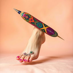 A creative concept where a large, colorful, oversized needle is humorously placed on top of an elegantly decorated foot