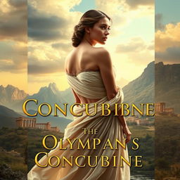 A captivating book cover for 'The Olympian's Concubine', featuring a stunning, mystical landscape inspired by ancient Greece
