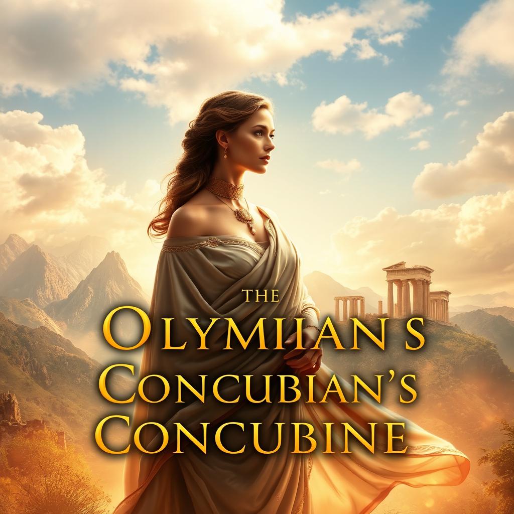 A captivating book cover for 'The Olympian's Concubine', featuring a stunning, mystical landscape inspired by ancient Greece