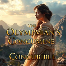 A captivating book cover for 'The Olympian's Concubine', featuring a stunning, mystical landscape inspired by ancient Greece
