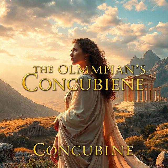 A captivating book cover for 'The Olympian's Concubine', featuring a stunning, mystical landscape inspired by ancient Greece