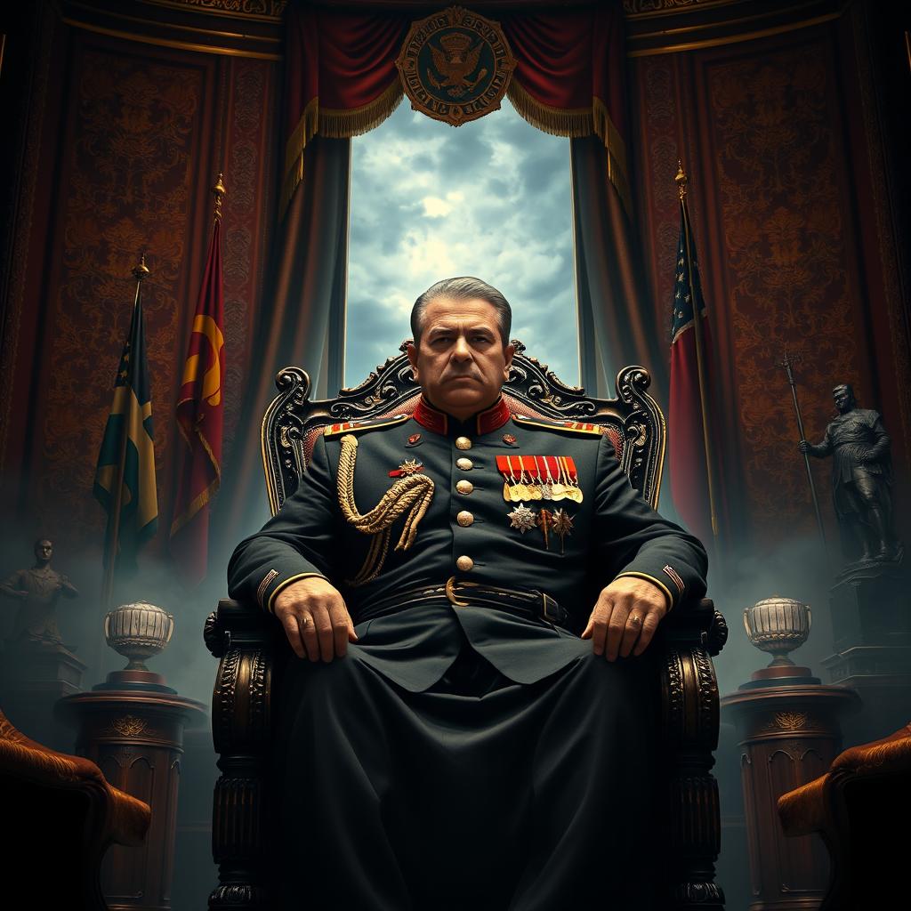 An imposing figure of a dictator sitting confidently on a grand, ornate chair, exuding authority and power