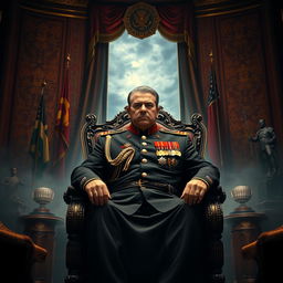 An imposing figure of a dictator sitting confidently on a grand, ornate chair, exuding authority and power