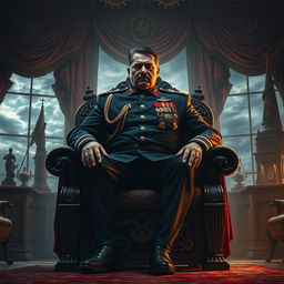 An imposing figure of a dictator sitting confidently on a grand, ornate chair, exuding authority and power