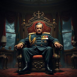 An imposing figure of a dictator sitting confidently on a grand, ornate chair, exuding authority and power
