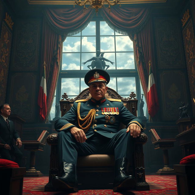 An imposing figure of a dictator sitting confidently on a grand, ornate chair, exuding authority and power