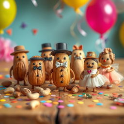 A whimsical scene featuring a variety of nuts, such as almonds, walnuts, and cashews, all dressed up in miniature clothing and accessories