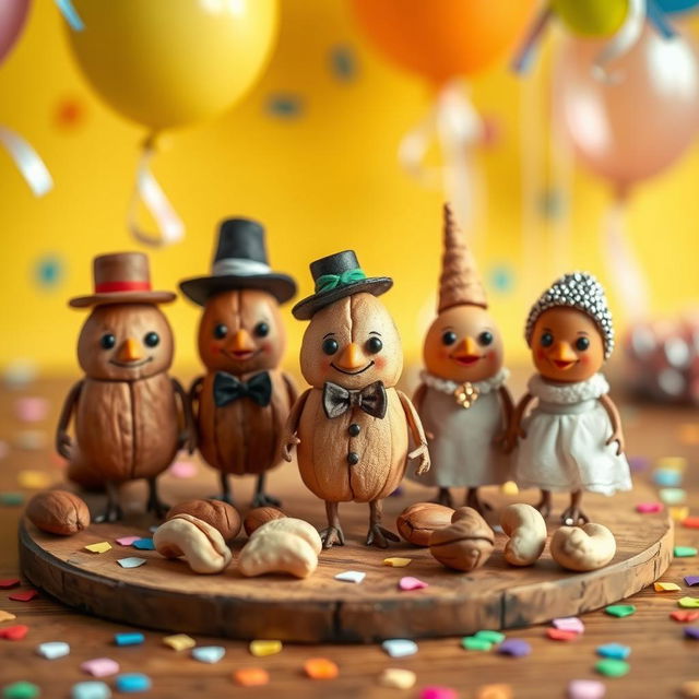 A whimsical scene featuring a variety of nuts, such as almonds, walnuts, and cashews, all dressed up in miniature clothing and accessories