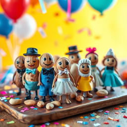 A whimsical scene featuring a variety of nuts, such as almonds, walnuts, and cashews, all dressed up in miniature clothing and accessories