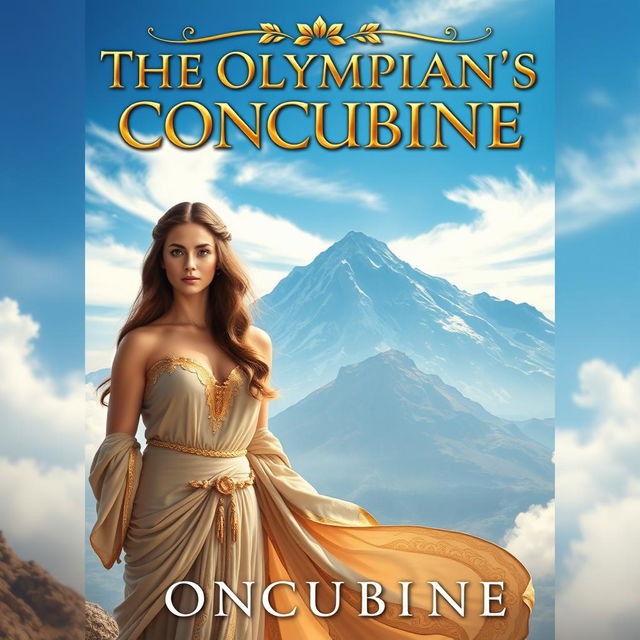 An enchanting book cover for 'The Olympian's Concubine', showcasing a stunning woman dressed in flowing, elegant robes that hint at ancient Greek fashion, with intricate golden accents