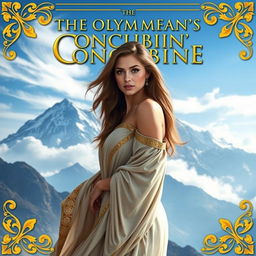 An enchanting book cover for 'The Olympian's Concubine', showcasing a stunning woman dressed in flowing, elegant robes that hint at ancient Greek fashion, with intricate golden accents