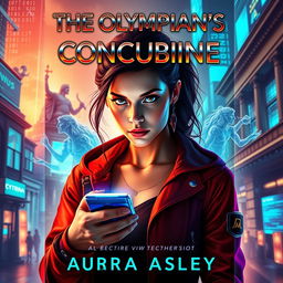 An enthralling book cover for 'The Olympian's Concubine', merging ancient mythology with modern technology