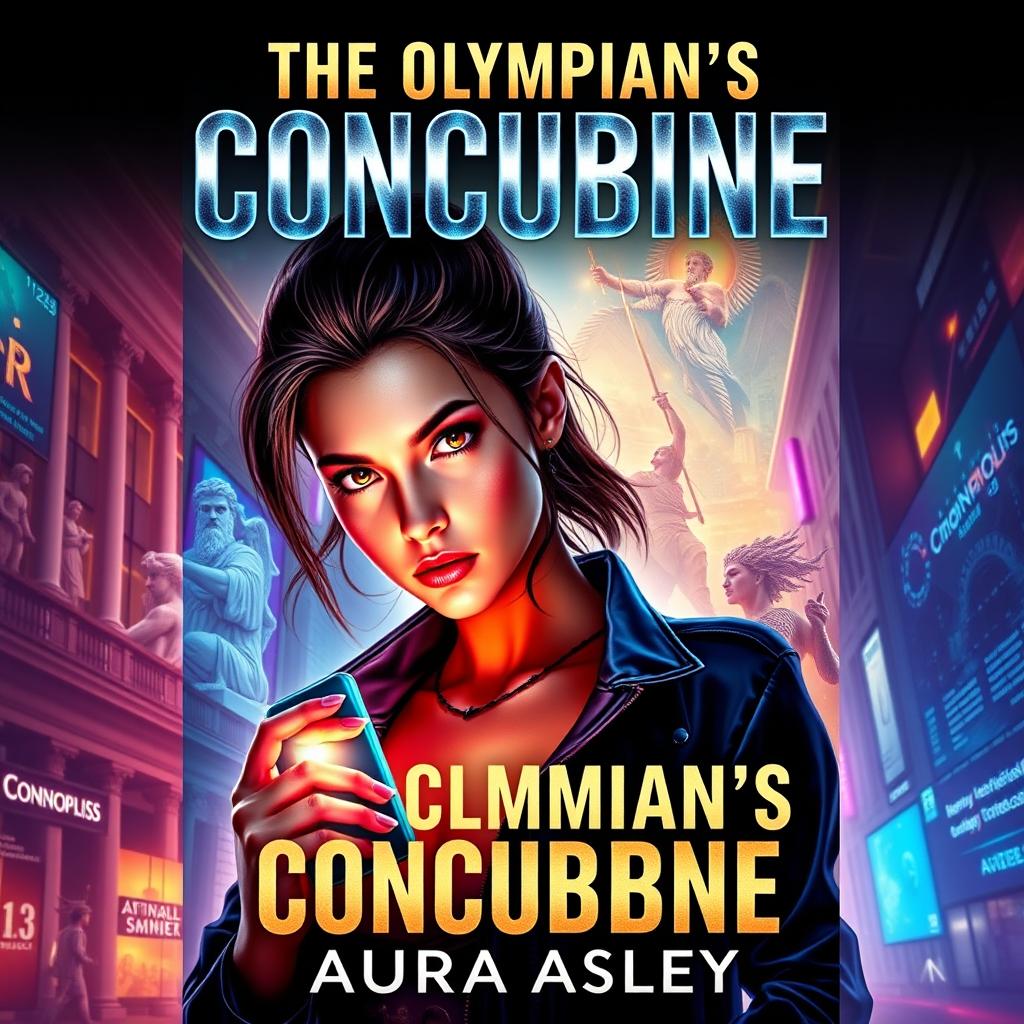 An enthralling book cover for 'The Olympian's Concubine', merging ancient mythology with modern technology