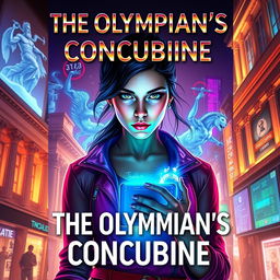 An enthralling book cover for 'The Olympian's Concubine', merging ancient mythology with modern technology