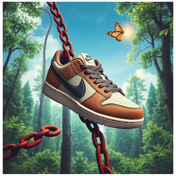 A vibrant poster showcasing a stylish pair of Nike shoes prominently displayed in the foreground