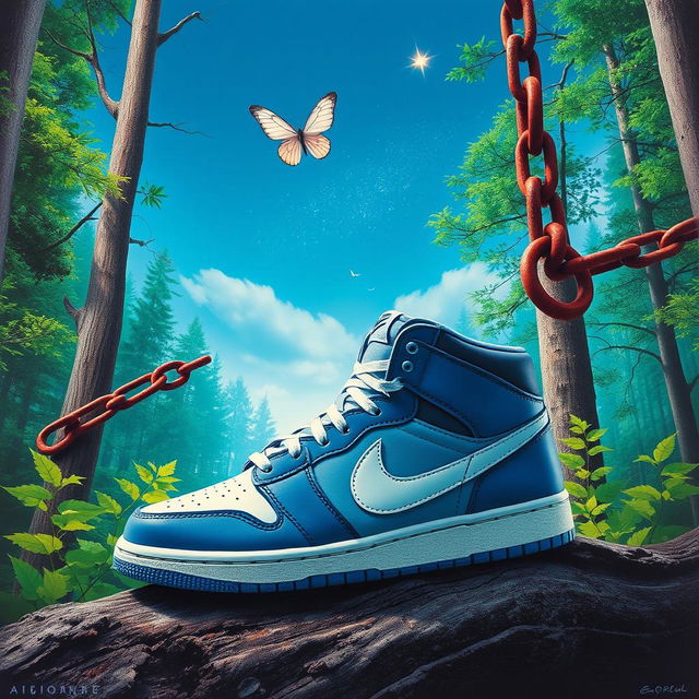 A vibrant poster showcasing a stylish pair of Nike shoes prominently displayed in the foreground