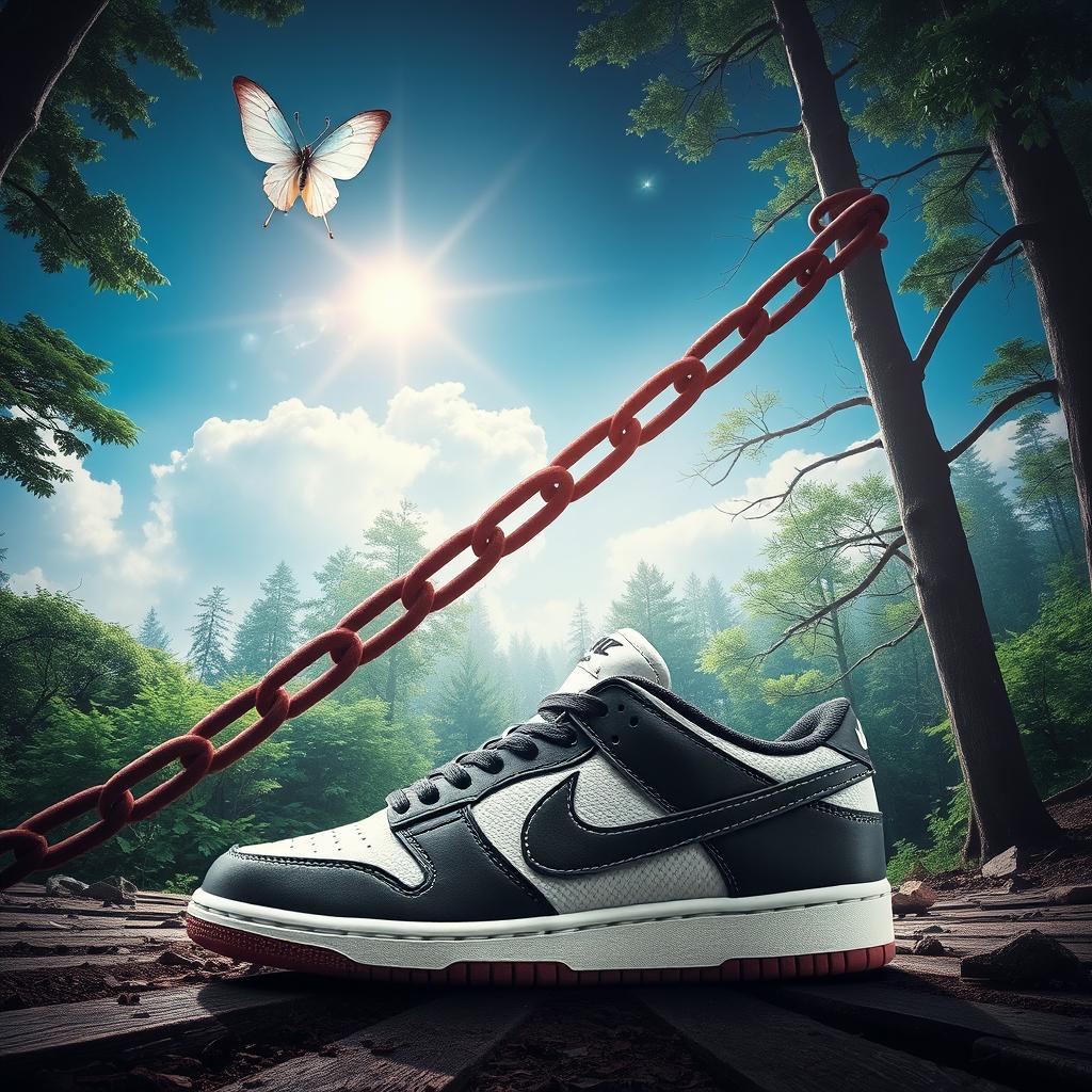 A vibrant poster showcasing a stylish pair of Nike shoes prominently displayed in the foreground