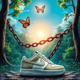 A vibrant poster showcasing a stylish pair of Nike shoes prominently displayed in the foreground