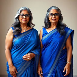 Two elegant dusky Indian women, both aged 60 and exuding grace, stand side by side in a striking full front pose