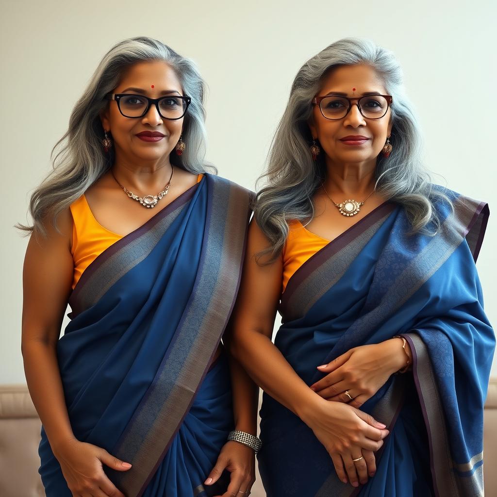 Two elegant dusky Indian women, both aged 60 and exuding grace, stand side by side in a striking full front pose