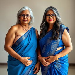 Two elegant dusky Indian women, both aged 60 and exuding grace, stand side by side in a striking full front pose