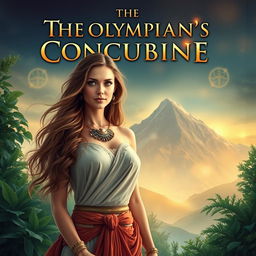 An intriguing book cover for 'The Olympian's Concubine', featuring an enchanting scene that blends ancient mythology with a modern twist