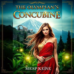 An intriguing book cover for 'The Olympian's Concubine', featuring an enchanting scene that blends ancient mythology with a modern twist