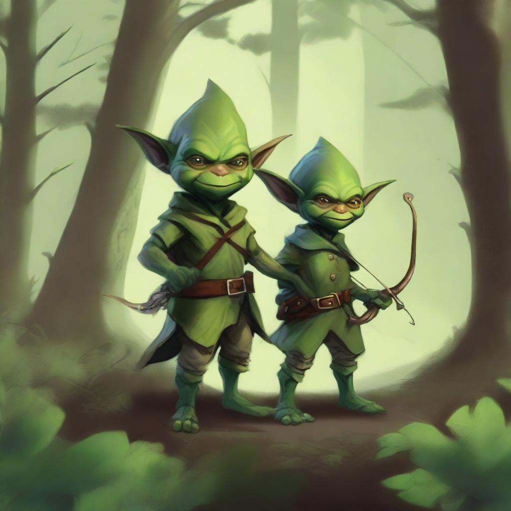 An enchanting digital art, showcasing two petite green goblins