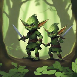 An enchanting digital art, showcasing two petite green goblins