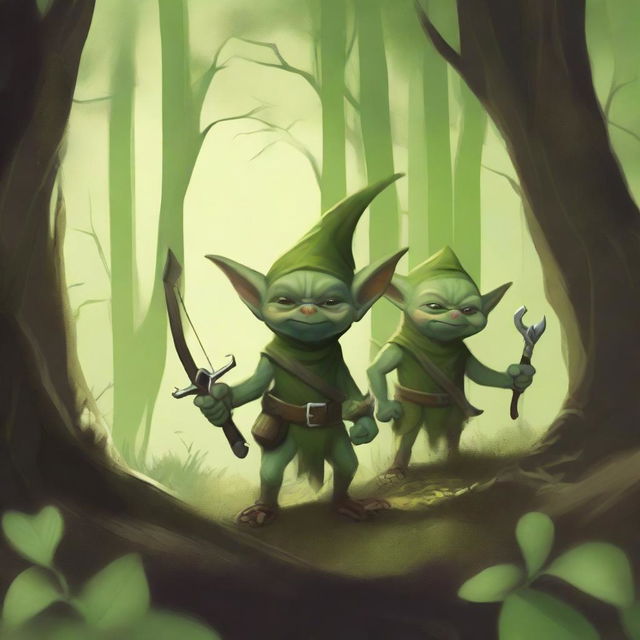 An enchanting digital art, showcasing two petite green goblins