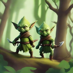 An enchanting digital art, showcasing two petite green goblins