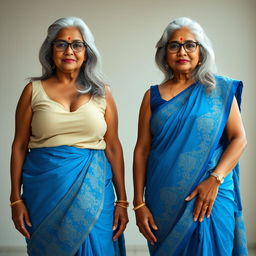 Two graceful dusky Indian women, both aged 60, stand confidently side by side, showcasing their buxom and voluptuous figures