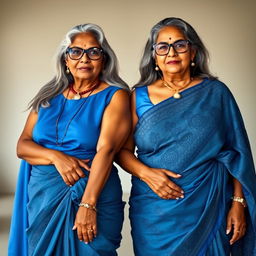 Two graceful dusky Indian women, both aged 60, stand confidently side by side, showcasing their buxom and voluptuous figures