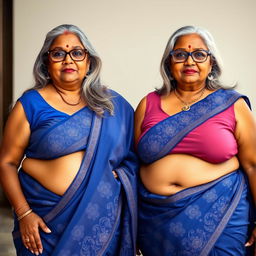 Two graceful dusky Indian women, both aged 60, stand confidently side by side, showcasing their buxom and voluptuous figures