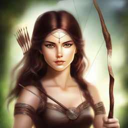 This high-quality digital art image depicts a brown-haired, hazel-eyed goddess of archery