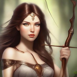 This high-quality digital art image depicts a brown-haired, hazel-eyed goddess of archery