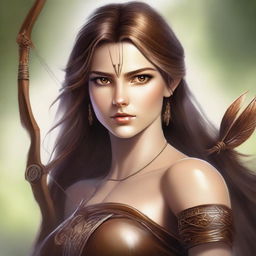 This high-quality digital art image depicts a brown-haired, hazel-eyed goddess of archery