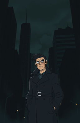 A dark and mysterious city background featuring tall skyscrapers with slightly blurry and dark silhouettes, conveying a tense and atmospheric setting
