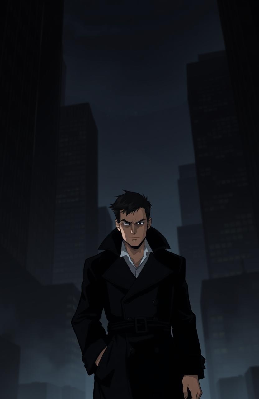 A dark and mysterious city background featuring tall skyscrapers with slightly blurry and dark silhouettes, conveying a tense and atmospheric setting