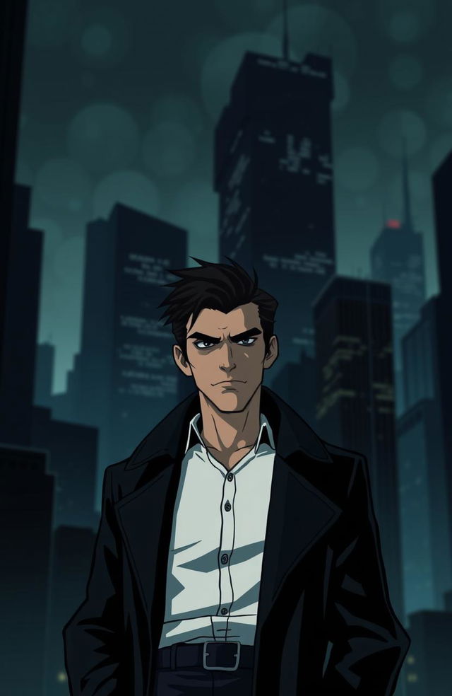 A dark and mysterious city background featuring tall skyscrapers with slightly blurry and dark silhouettes, conveying a tense and atmospheric setting