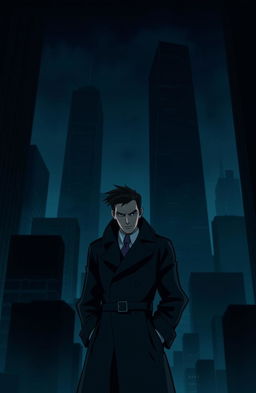A dark and mysterious city background featuring tall skyscrapers with slightly blurry and dark silhouettes, conveying a tense and atmospheric setting