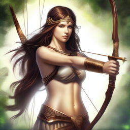 This high-quality digital art image depicts a brown-haired, hazel-eyed goddess of archery