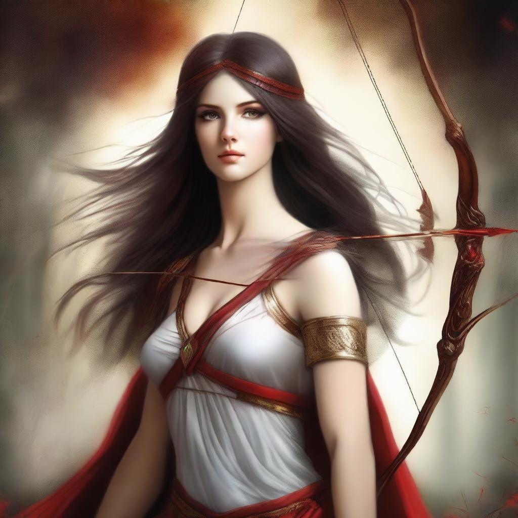 This image is a stunning piece of digital art portraying a breathtakingly beautiful goddess of archery