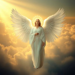 A celestial scene featuring a serene figure adorned with a glowing halo and magnificent angel wings
