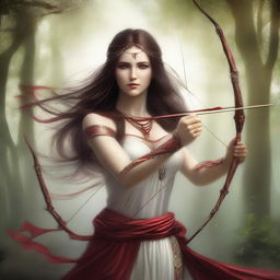 This image is a stunning piece of digital art portraying a breathtakingly beautiful goddess of archery