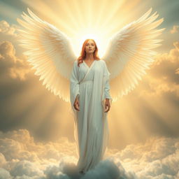 A celestial scene featuring a serene figure adorned with a glowing halo and magnificent angel wings
