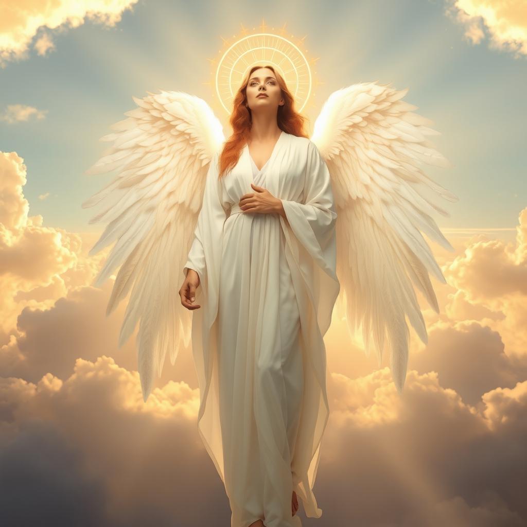 A celestial scene featuring a serene figure adorned with a glowing halo and magnificent angel wings