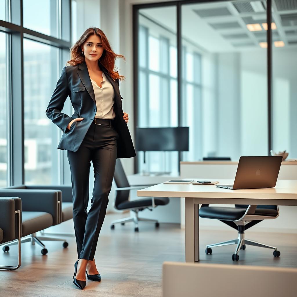 A stylish office outfit changing scene, featuring an elegant woman transitioning from a formal suit to a chic casual dress