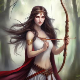 This image is a stunning piece of digital art portraying a breathtakingly beautiful goddess of archery